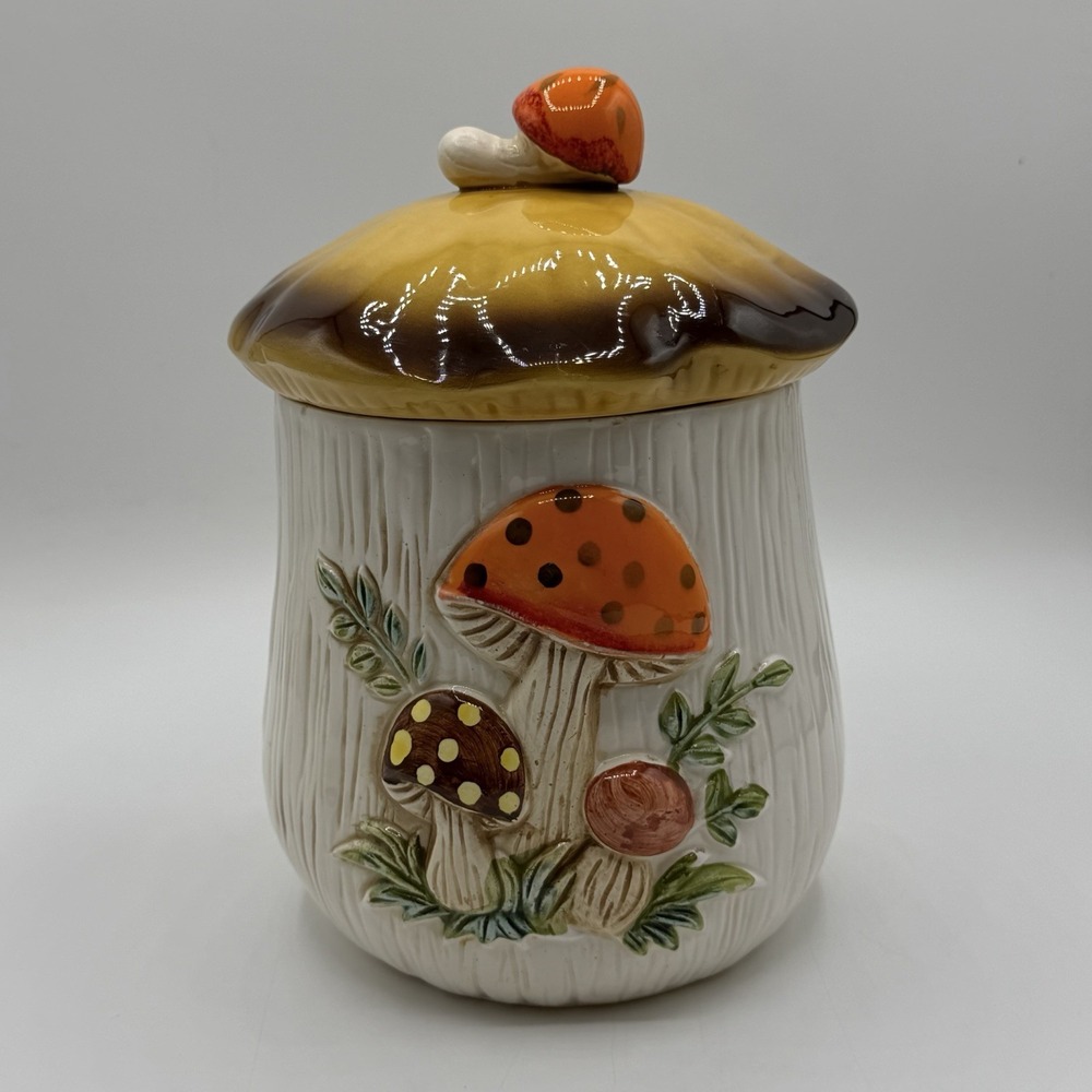 Vintage Sears Merry Mushroom Sugar Canister 9" Ceramic 1970s Japan Repaired Lid